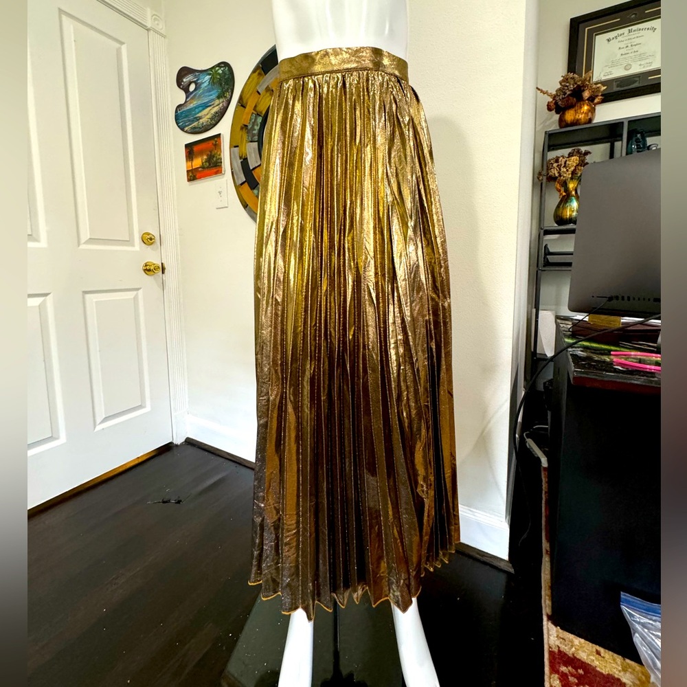 HASANOVA small pleated gold full length skirt, iridescent, shimmery, and flowy.
